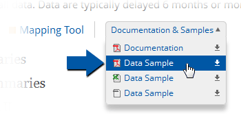 Example image showing where documentation and samples are available on the datasets page.