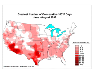 Summer Greatest Consecutive No. of 100 Deg. Days Map