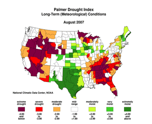 Map of Palmer Drought Index, August 2007