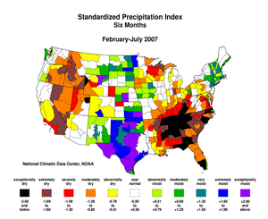 Map of Six-Month Standardized Precipitation Index, February-July 2007