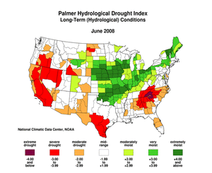 Palmer Hydrological Drought Index, June 2008