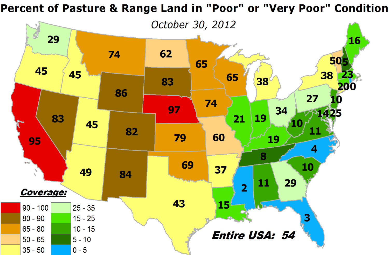 Map showing USDA pasture and rangeland conditions
