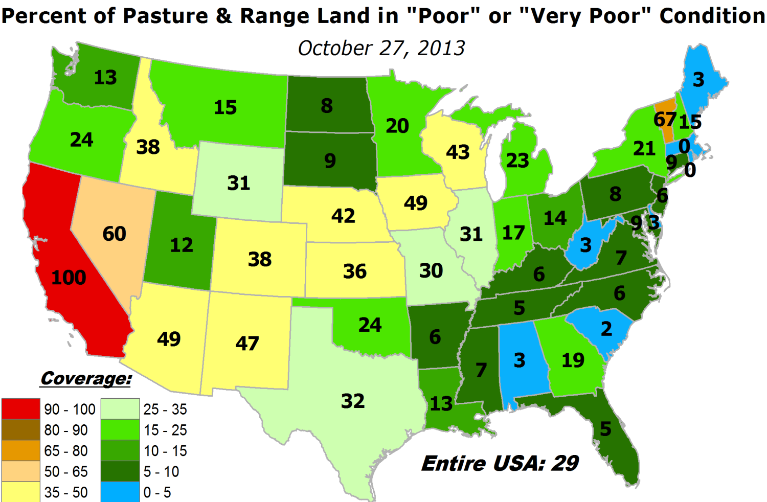 USDA statewide pasture and rangeland percentages in poor or very poor condition