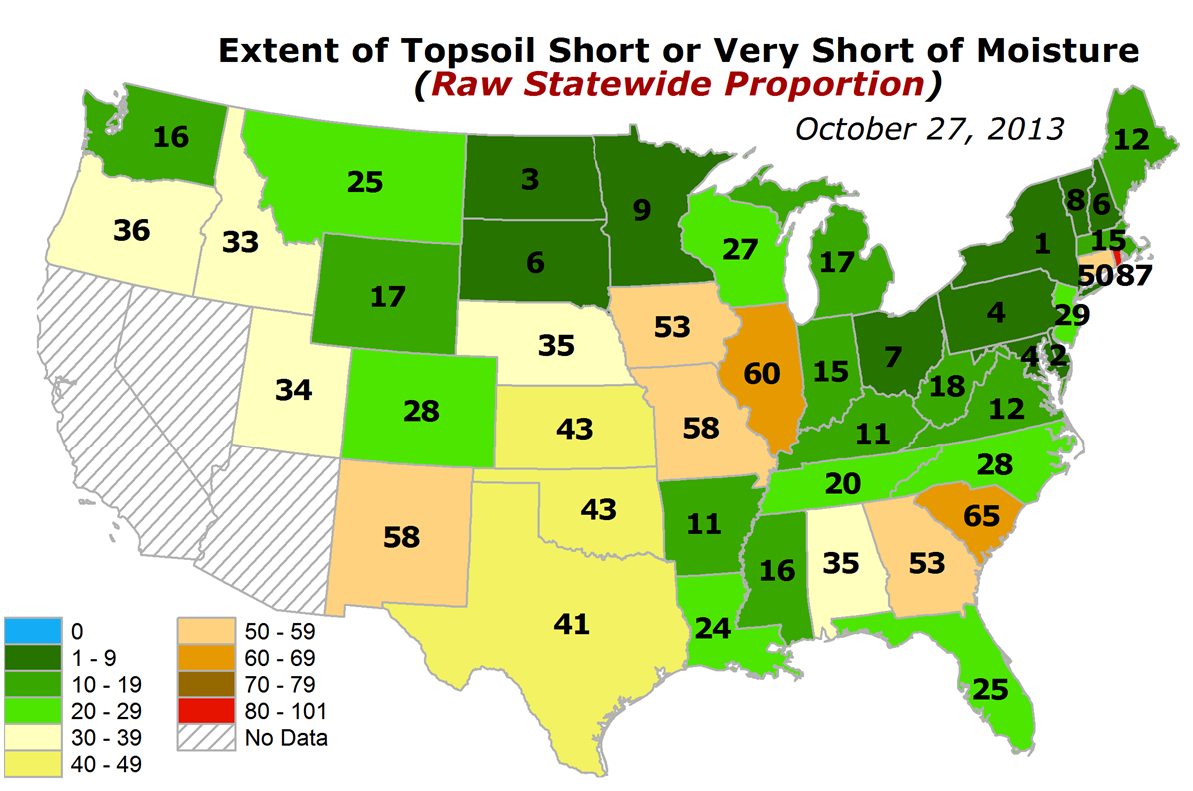 USDA statewide topsoil moisture percentages short or very short