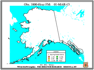 Alaska 1000-hr Fuel Moisture Map for March 1