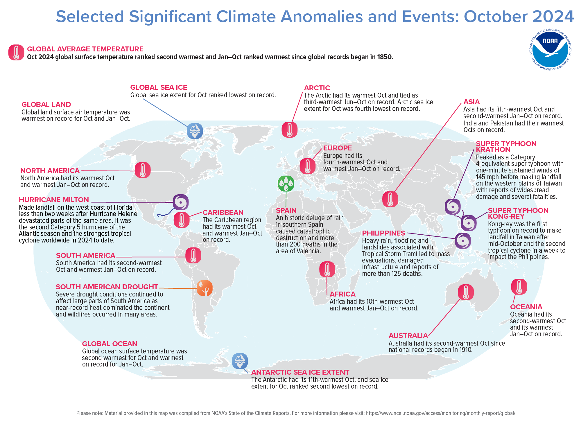 October 2024 Selected Climate Anomalies and Events Map