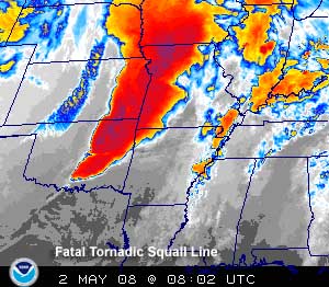 Satellite animation of fatal tornadic squall line on 2 May 2008