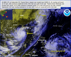 Satellite image of Tropical Storm Mekkhala and Tropical Storm Jangmi on 29 September 2008