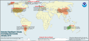 January 2014 Selected Climate Anomalies and Events Map