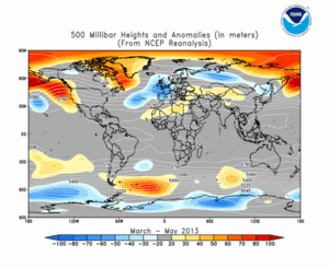 March - May 2013 height and anomaly map