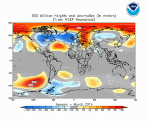 January - March 2014 height and anomaly map