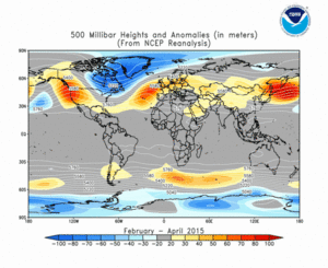 February - April 2015 height and anomaly map