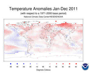 January–December 2011 Blended Land and Sea Surface Temperature Anomalies in degrees Celsius