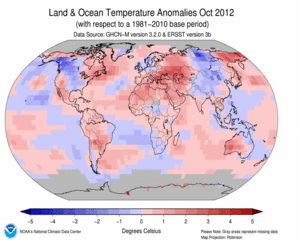 October Blended Land and Sea Surface Temperature Anomalies in degrees Celsius