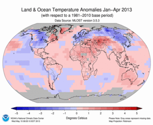 January–April Blended Land and Sea Surface Temperature Anomalies in degrees Celsius
