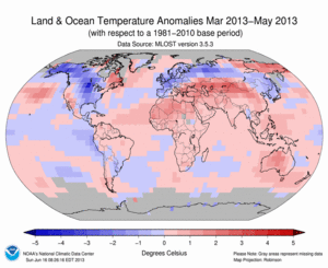 March–May Blended Land and Sea Surface Temperature Anomalies in degrees Celsius