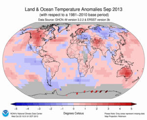 September Blended Land and Sea Surface Temperature Anomalies in degrees Celsius