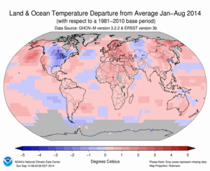 January–August Blended Land and Sea Surface Temperature Anomalies in degrees Celsius