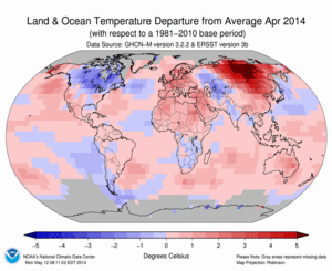 April Blended Land and Sea Surface Temperature Anomalies in degrees Celsius