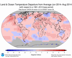 June 2014–August Blended Land and Sea Surface Temperature Anomalies in degrees Celsius