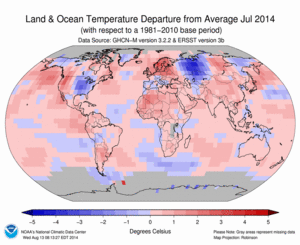 July Blended Land and Sea Surface Temperature Anomalies in degrees Celsius