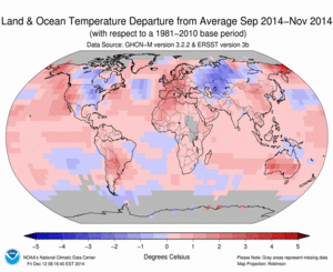 September 2014–November Blended Land and Sea Surface Temperature Anomalies in degrees Celsius