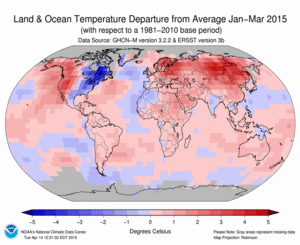 January–March Blended Land and Sea Surface Temperature Anomalies in degrees Celsius