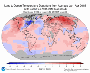 January–April Blended Land and Sea Surface Temperature Anomalies in degrees Celsius
