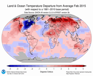 February Blended Land and Sea Surface Temperature Anomalies in degrees Celsius