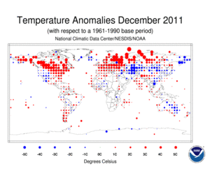December 2011 Land Surface Temperature Anomalies in degree Celsius