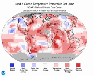 October Blended Land and Sea Surface Temperature Percentiles