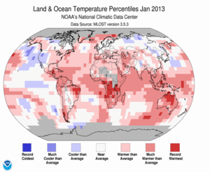 January Blended Land and Sea Surface Temperature Percentiles