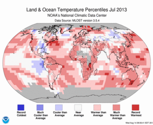 July Blended Land and Sea Surface Temperature Percentiles