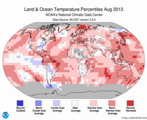 August Blended Land and Sea Surface Temperature Percentiles
