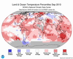 September Blended Land and Sea Surface Temperature Percentiles