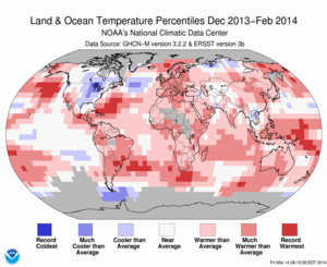 December 2013–February Blended Land and Sea Surface Temperature Percentiles