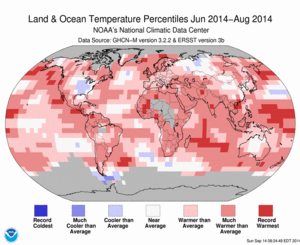 June 2014–August Blended Land and Sea Surface Temperature Percentiles