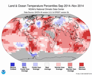 September 2014–November Blended Land and Sea Surface Temperature Percentiles