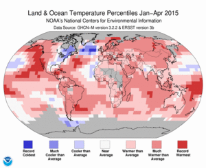 January–April Blended Land and Sea Surface Temperature Percentiles