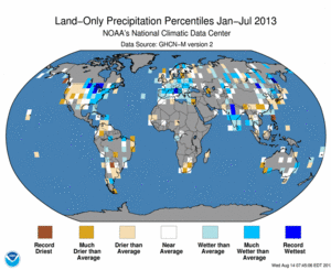 January - July 2013 Land-Only Precipitation Percentiles