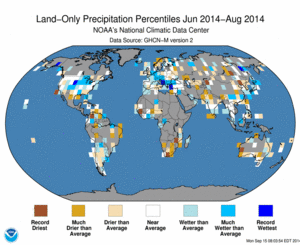 June 2014 - August 2014 Land-Only Precipitation Percentiles