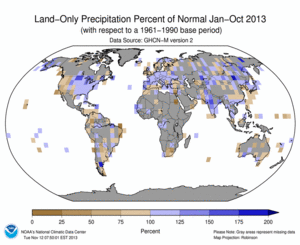 January - October 2013 Land-Only Precipitation Percent of Normal