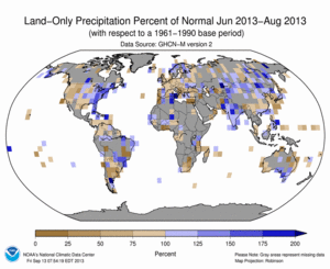 June - August 2013 Land-Only Precipitation Percent of Normal