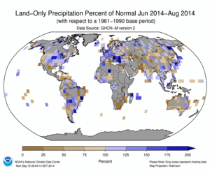 June 2014 - August 2014 Land-Only Precipitation Percent of Normal