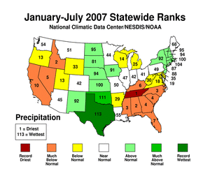 Map of Statewide Precipitation Ranks, January-July 2007