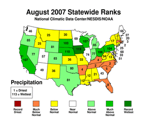 Map of Statewide Precipitation Ranks, August 2007