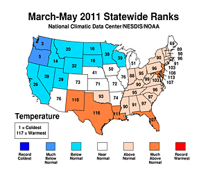 Spring 2011 Statewide Temperature Rank Map