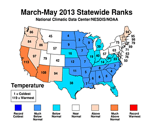 Spring 2013 Statewide Temperature Rank Map