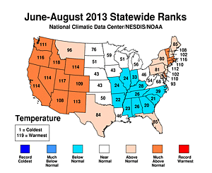 Summer 2013 Statewide Temperature Rank Map