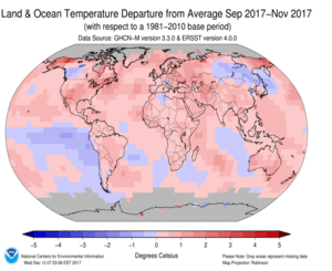 September-November Blended Land and Sea Surface Temperature Anomalies in degrees Celsius